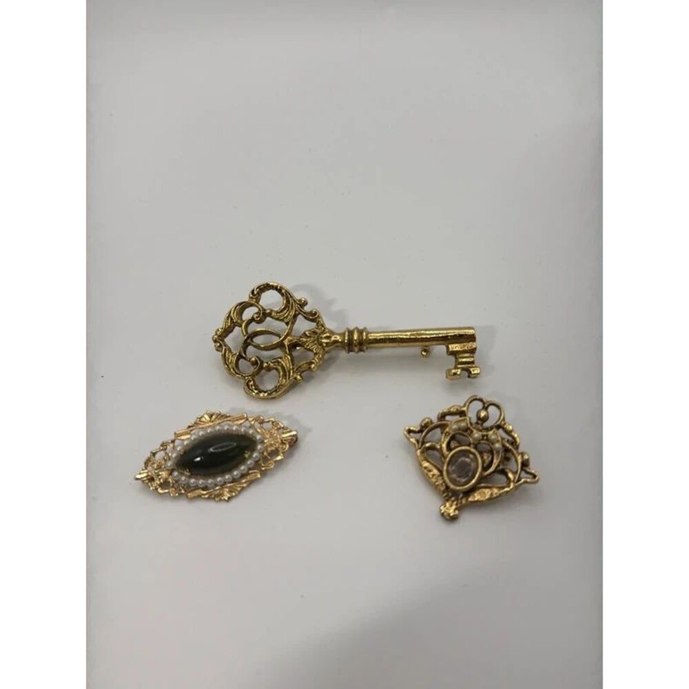 Vintage Set of 3 Gold Toned Brooches Green, Pearl, Rhinestone, Key